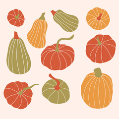 A large set of pumpkins - green, red and yellow. Autumn collection. Vector hand drawn illustration.