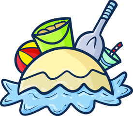 Funny and cute beach activity items in simple cartoon style from front view