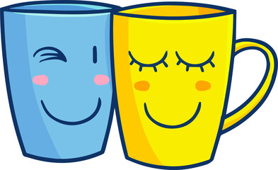 Cute and funny blue and yellow mug character in love