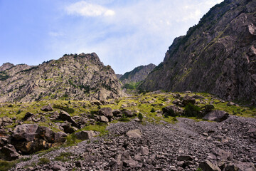 Heap of rocks in the valley in Caucasus mountains.