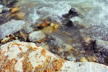 Mountain river water landscape. Wild river in the mountains. Mountain wild river water view