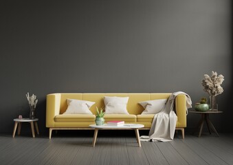 Modern living room interior with yellow sofa and green plants,lamp,table on dark wall background.