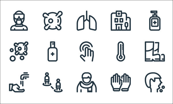 Coronavirus Line Icons. Linear Set. Quality Vector Line Set Such As Cough, Sick, Hand Wash, Gloves, Distinction, Bacteriology, Thermometer, Hospital, Bacteriology.