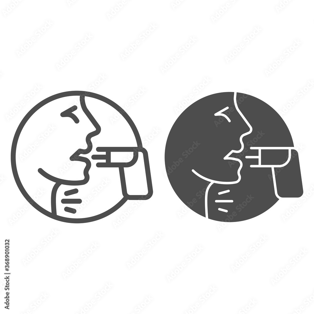Poster face and asthma inhaler line and solid icon, allergy concept, applying inhalant sign on white backgr