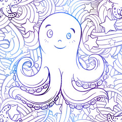 Cute sea creatures vecror seamless pattern. Undewater doodles background.