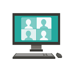 Isolated modern flat vector illustration of a computer. Teleconference via monitor.