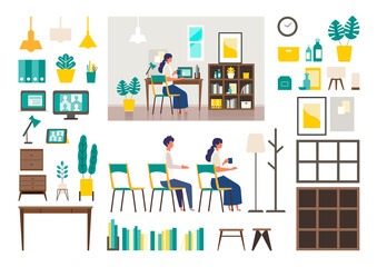 Set of vector interiors with furniture. Isolated modern flat vector illustrations of various interiors.