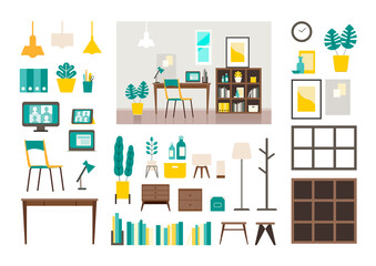 Set of vector interiors with furniture. Isolated modern flat vector illustrations of various interiors.