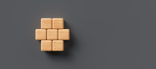 empty wooden cubes in the shape of a hexagon for own messages and icons on greybackground