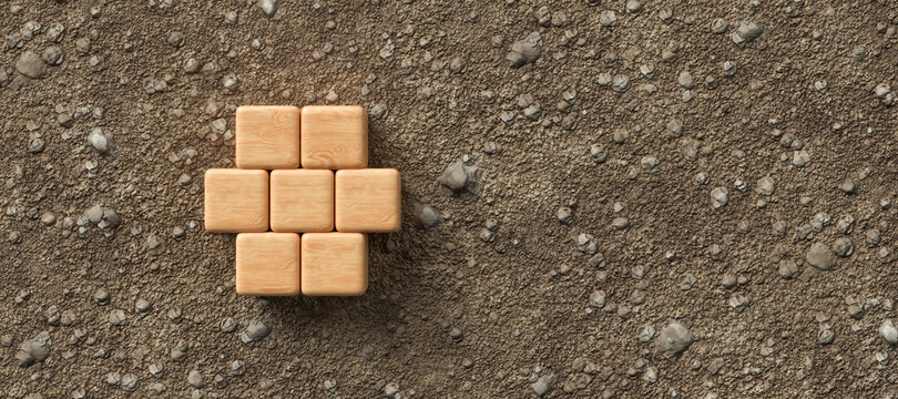 Empty Wooden Cubes In The Shape Of A Hexagon For Own Messages And Icons On Dirt Gravel Background