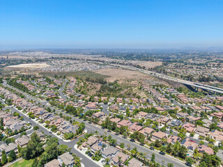 Aerial view of Torrey Santa Fe, middle class subdivision neighborhood with residential villas in...