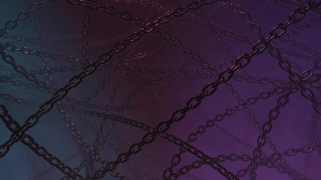 Abstract dark blue background seamless footage with metal chain and neon lighting. Horror design concept with tangled chains. 3D rendering 4K loop animation.