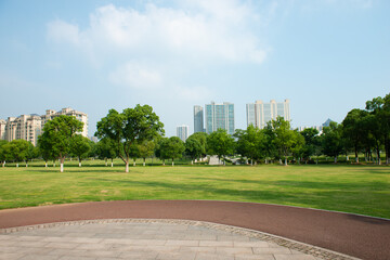  Clear sky, urban buildings, roads by dense woods