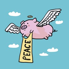 Angel pig with peace flag flying on sky cartoon vector illustration
