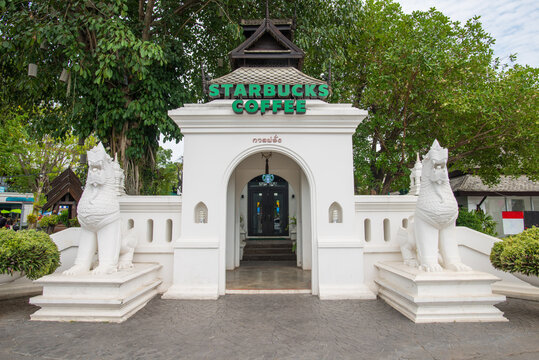 Chiang Mai, Thailand : May-14-2019 : The Starbucks coffee branches in Kad Farang village the only one unique Starbucks shop that decorated in traditional Lanna style.