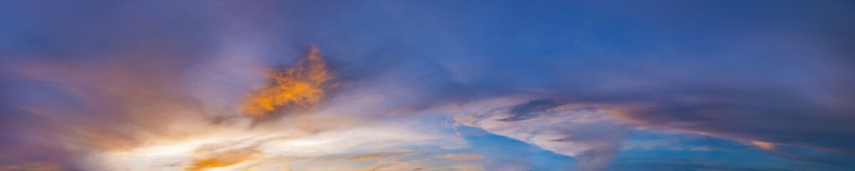Twilight panorama sky background with colorful cloud in dusk. Panoramic image.