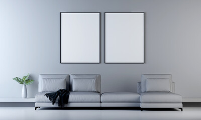 Modern mock up interior design of living room and white wall pattern background and picture frame
