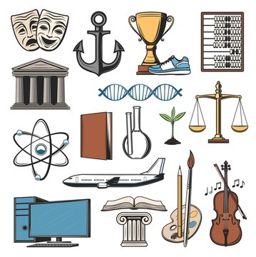 School book, university building and computer vector icons of education. Isolated objects of paint, pencil and brush, chemistry laboratory flasks, DNA and atom models, sport trophy cup, violin, plane