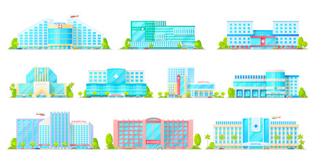 Hospital, medical clinic and ambulatory center vector icons with buildings of medicine and healthcare. Emergency health care hospital buildings with ambulance vehicles, car or truck and helicopter