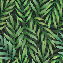 Seamless tropical pattern with watercolor hand drawn palm leaves and branches isolated on black background. Botanical illustration for textile design, print, fabric, wallpaper