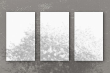 3 vertical sheets of textured white paper on soft gray table background. Mockup overlay with the plant shadows. Natural light casts shadows from an Apple branches. Horizontal orientation