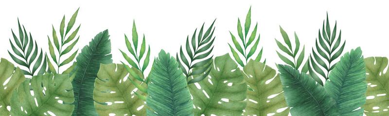 Watercolor Illustration with seamless border from hand drawn monstera leaves and palm branches isolated on white background. Tropical plants design for invitation, card, print, wallpaper, fabric © DarianaArt