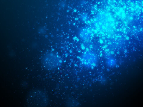 Many blue glitter and sparkle light effect floating with spot light from side scene setting on dark blue background