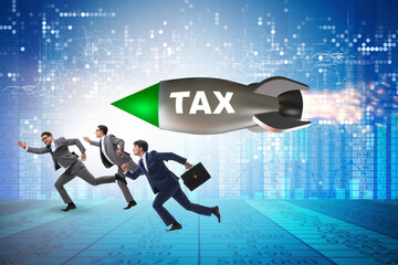 Concept of tax with businessman chased by rocket