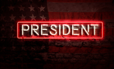Neon President Sign American Primary Presidential Election Democracy Concept Art USA