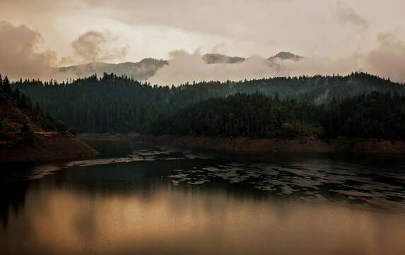 Applegate lake in Southern Oregon, during a foggy rainstorm. 