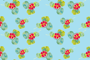 Seamless pattern with nasturtium. Design done in watercolor. The design is suitable for postcards, covers, wrapping paper, fabric, wallpaper on the wall.