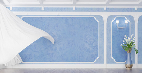 3d render of living room with blue stucco, white curtain and vase © Yuliya Gorbunova
