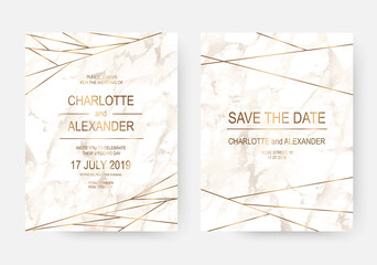 Obraz premium Marble wedding invitation cards design with gold lines.
