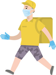 Food delivery: a guy in yellow clothes and a cap, gloves and a mask walks with a bag on his back. Delivery during the coronavirus. Vector illustration. Flat infographics.