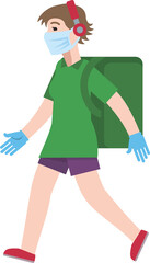 Food delivery: a girl in green clothes and a cap, gloves and a mask walks with a bag on her back. Delivery during the coronavirus. Vector illustration. Flat infographics.