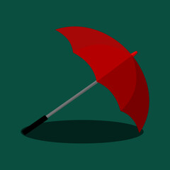 red open umbrella on green background. flat design. vector illustration
