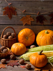 Autumn harvest. Nuts, corn, pumpkins on a wood background.