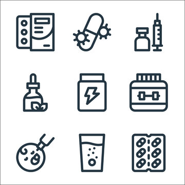 Medicine Line Icons. Linear Set. Quality Vector Line Set Such As Capsules, Effervescent, Oral Vaccine, Gym, Glucose, Tincture, Inoculate, Antibiotic.