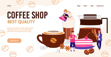 Coffee shop banner with hot drink in cup, glass and pot with tiny people drinking beverage and holding ingredients. Vector illustration of website page template.