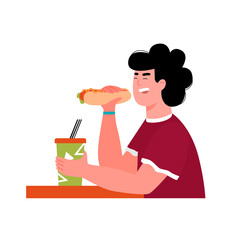 Man eating hot dog and holding takeaway drink cup. Cartoon boy at cafe table with fast food snack and beverage isolated on white background, vector illustration.