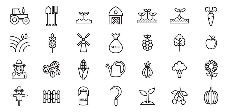 farm agriculture theme simple outline style vector icon logo design set bundle illustration