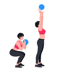 woman doing exercises with medicine ball. Lunges, Pushups, Squats, Dumbbell rows, Burpees, Side planks, Situps, Glute bridge, Leg Raise, Russian Twist, Side Crunch .etc