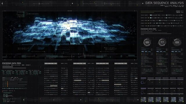 Futuristic holographic simulation of artificial neural networks, artificial intelligence deep learning performing analytic computational head up display background