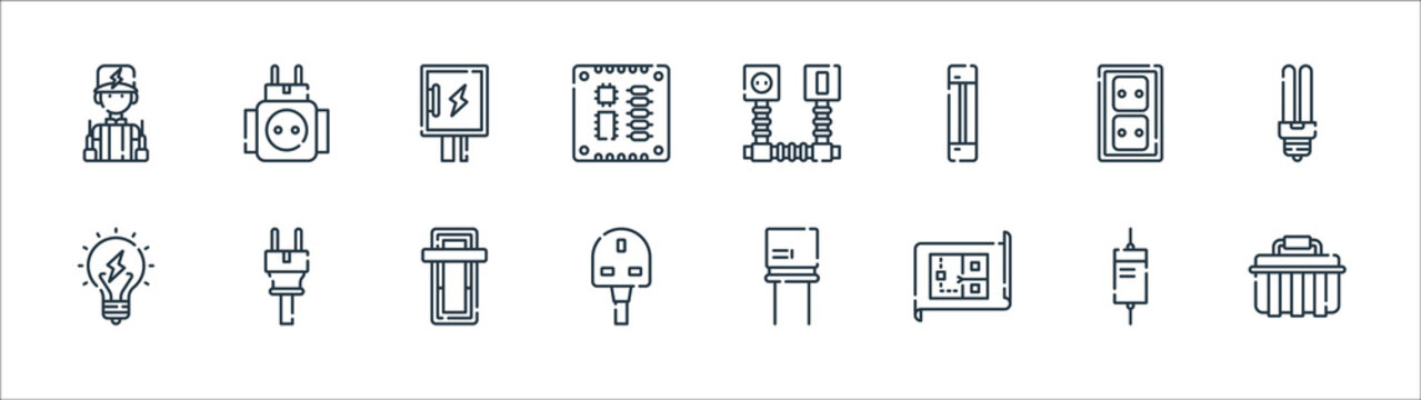 Electrician Tools And Line Icons. Linear Set. Quality Vector Line Set Such As Toolbox, Wire, G, Light Bulb, Wall Socket, Fuse Box, Cable, Socket.