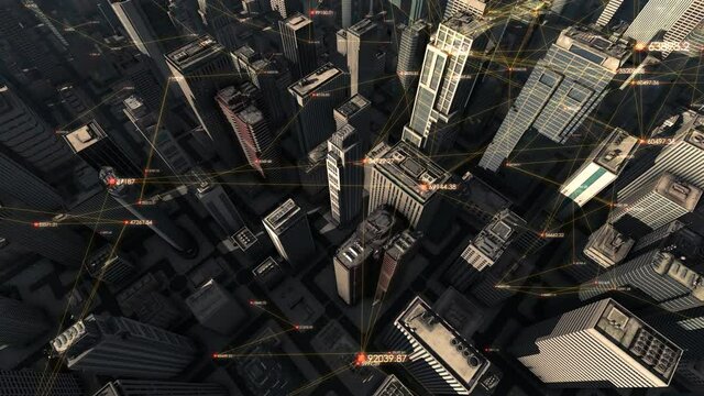 ランダムな数字のホログラムが浮遊する大都市上空を飛行する3Dモーショングラフィックス