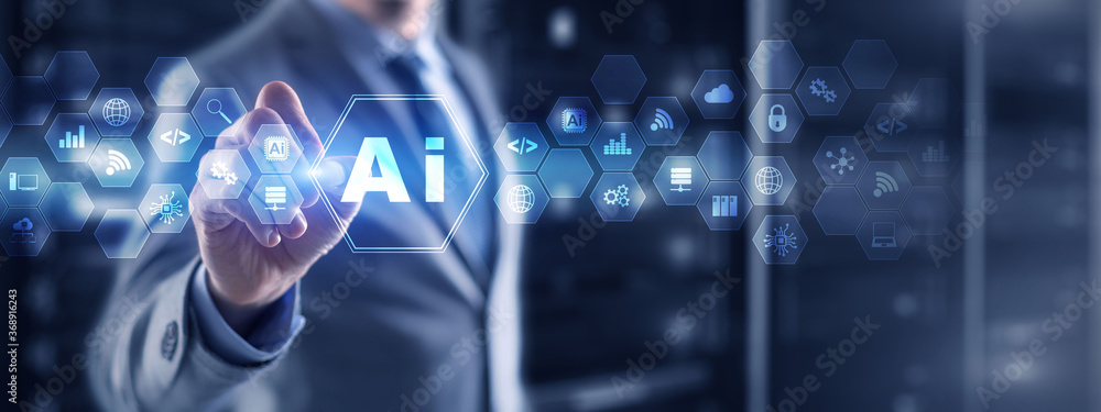 Poster artificial intelligence concept with businessman on blurred data center background.
