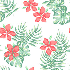 Tropical leaves and flowers. Delicate seamless pattern. Vector illustration isolated on white background.
