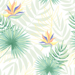 Fototapeta premium Tropical leaves and flowers. Delicate seamless pattern. Vector illustration isolated on white background.