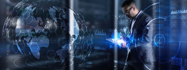 Modern server room supercomputers. Worldwide Concept of digital earth future.