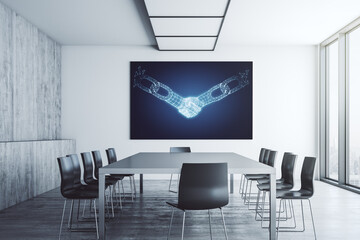 Creative abstract block chain technology hologram with handshake on tv display in a modern...